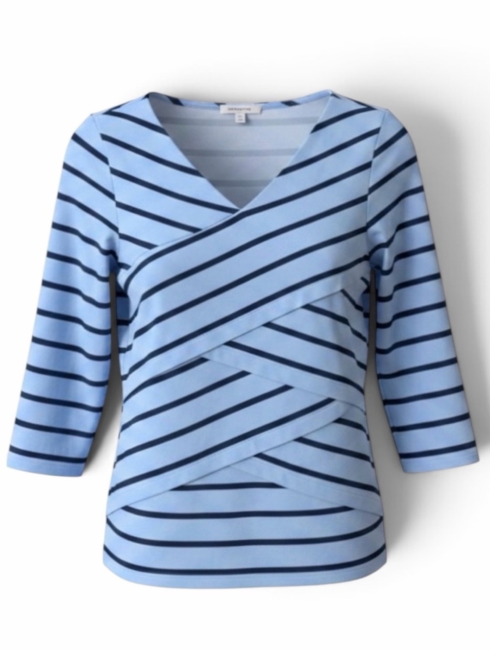 J. McLaughlin Light Blue & Navy Stripe V-Neck Layered 3/4 Sleeve Nicola Top